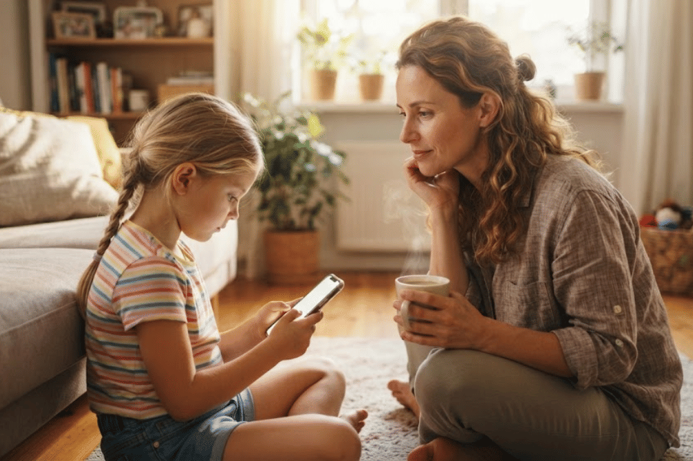 Mama memantau anaknya saat bermain handphone