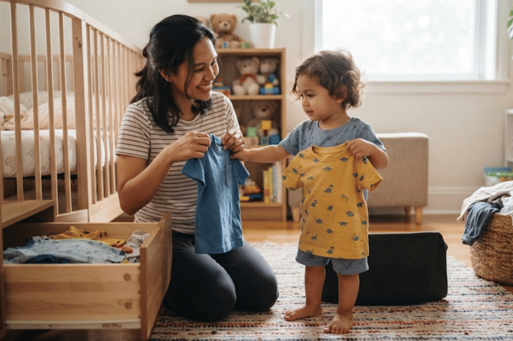 Mama sedang membantu anaknya memilih baju
