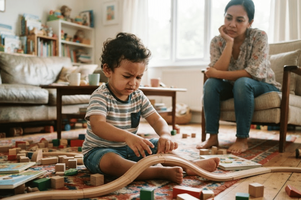 Mama sedang memerhatikan anaknya yang bermain