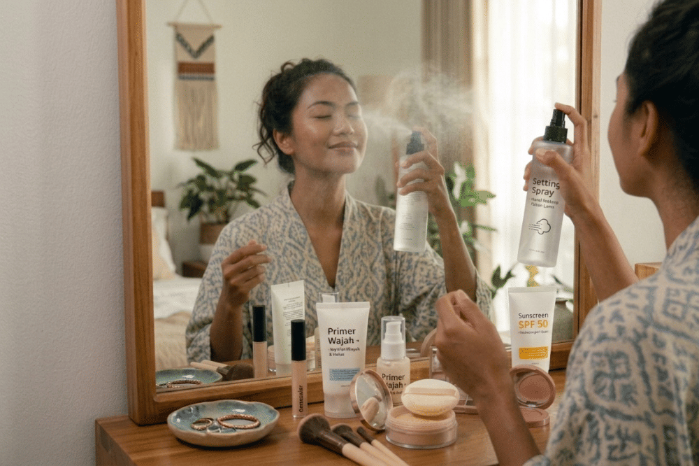 Kunci Makeup dengan Bedak dan Setting Spray