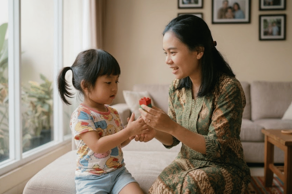 Mama sedang mengajarkan anaknya untuk berbagi