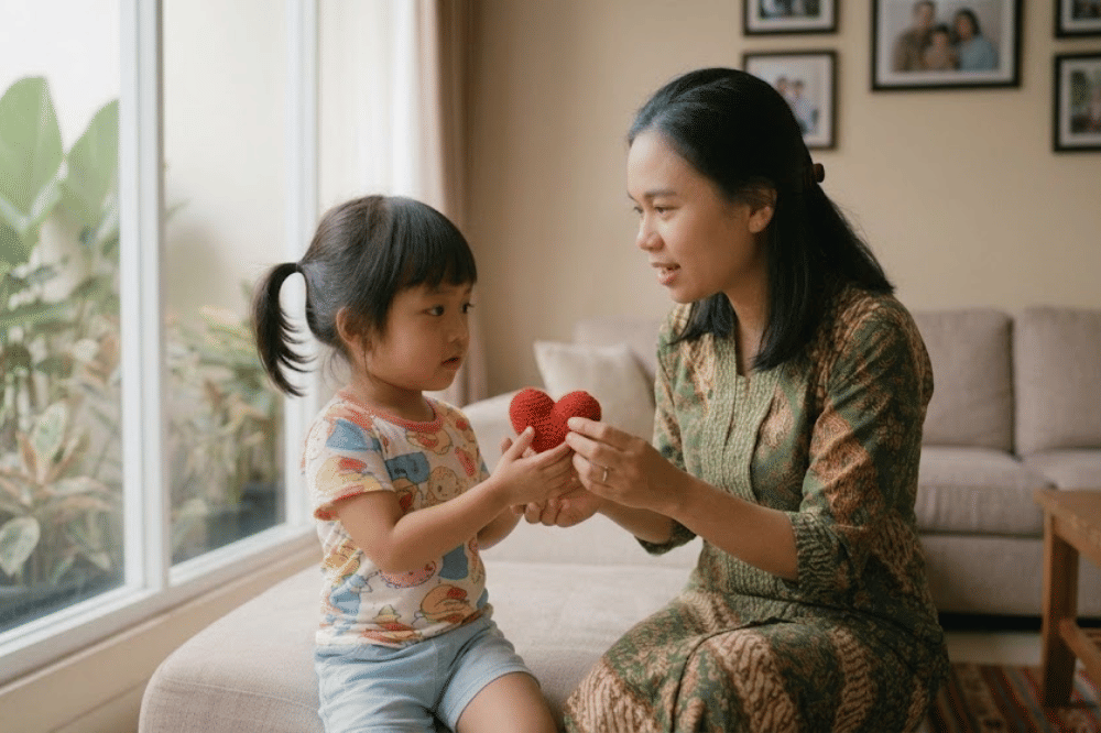 Mama sedang mengajarkan anaknya empati