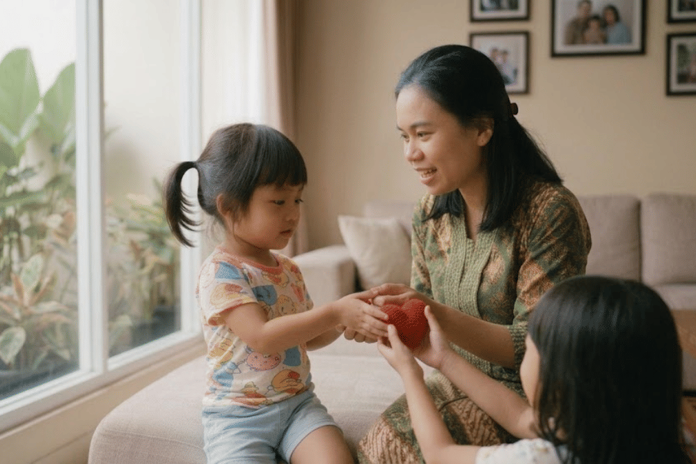Mama sedang mengajarkan anaknya nilai kebaikan