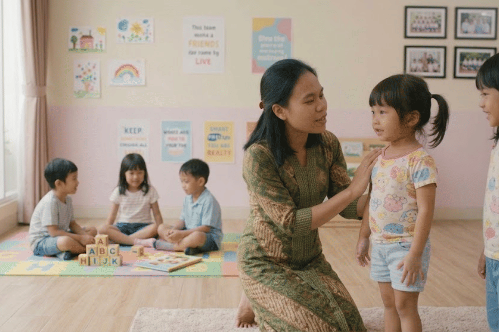 Mama sedang mengajarkan anaknya untuk berteman
