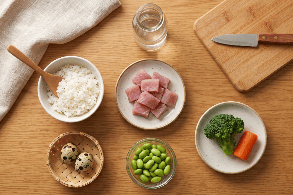 Bahan-bahan bubur tongkol, telur puyuh, dan edamame
