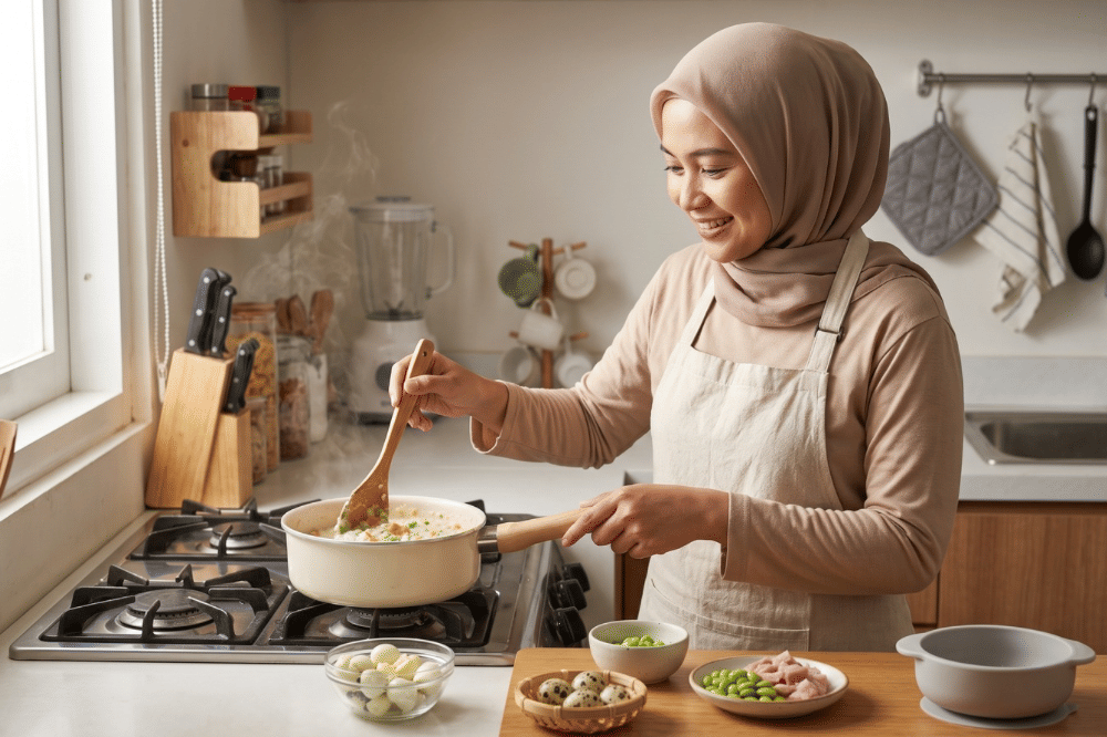 Cara membuat bubur tongkol, telur puyuh, dan edamame