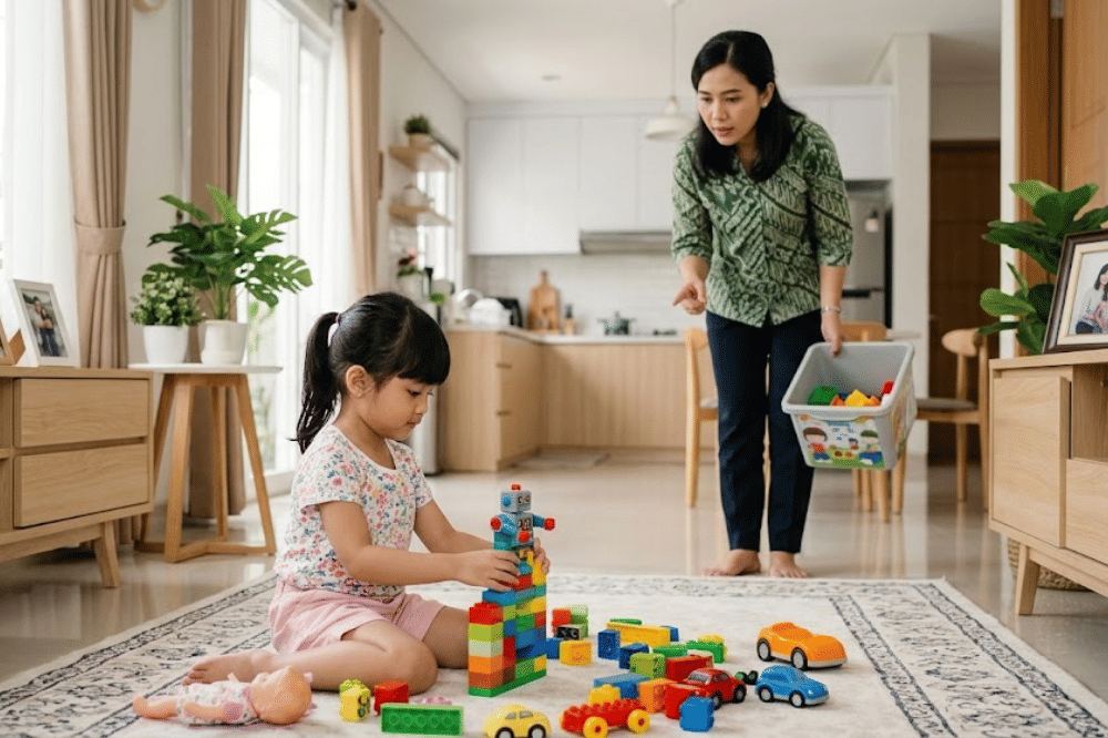 Mama yang mengajak anaknya membereskan mainannya