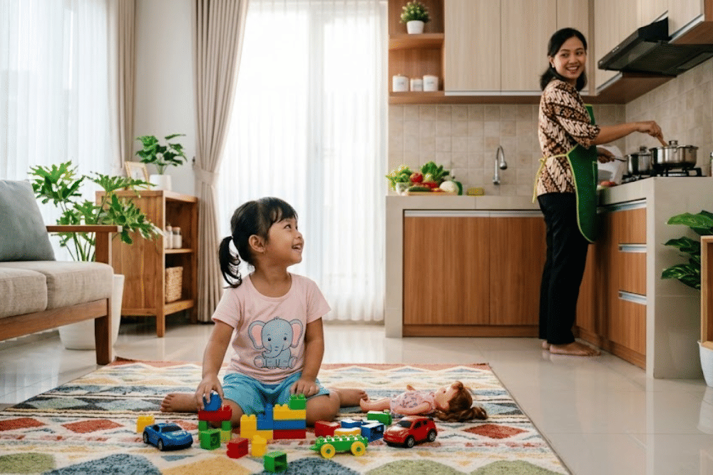 Mama sedang memasak dan anaknya bermain