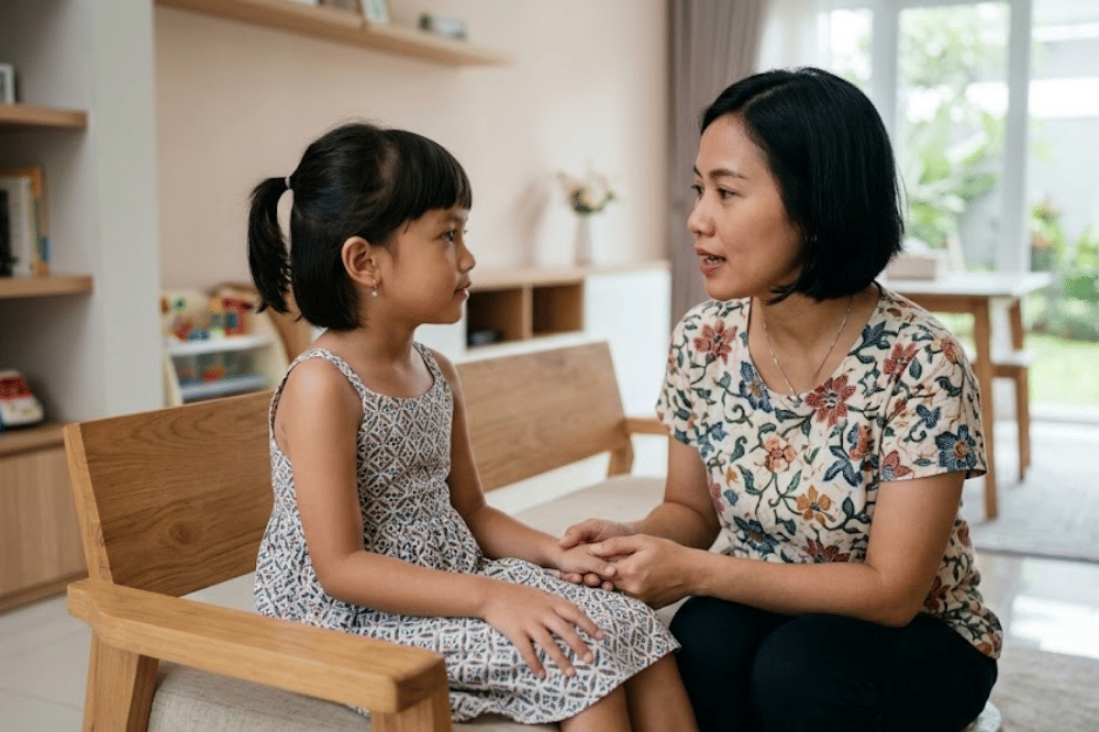 Anak yang sedang mendengarkan mamanya