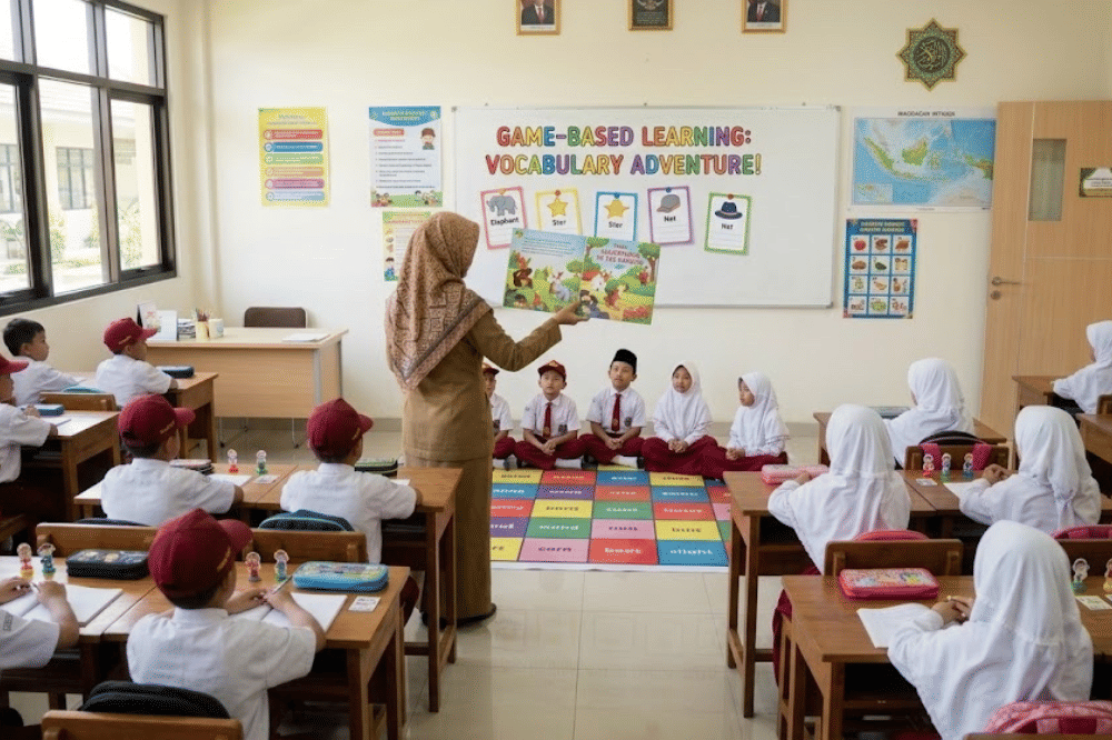 Guru membacakan buku cerita bahasa Inggris di kelas