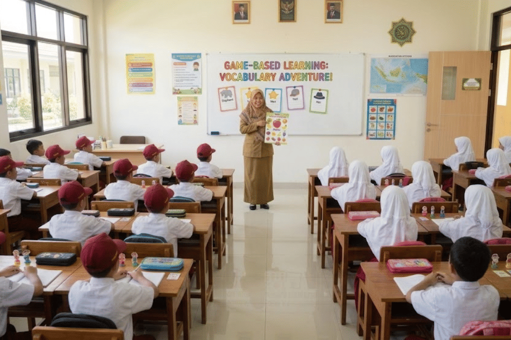 Guru mengajarkan anak mengenal buah-buahan di kelas