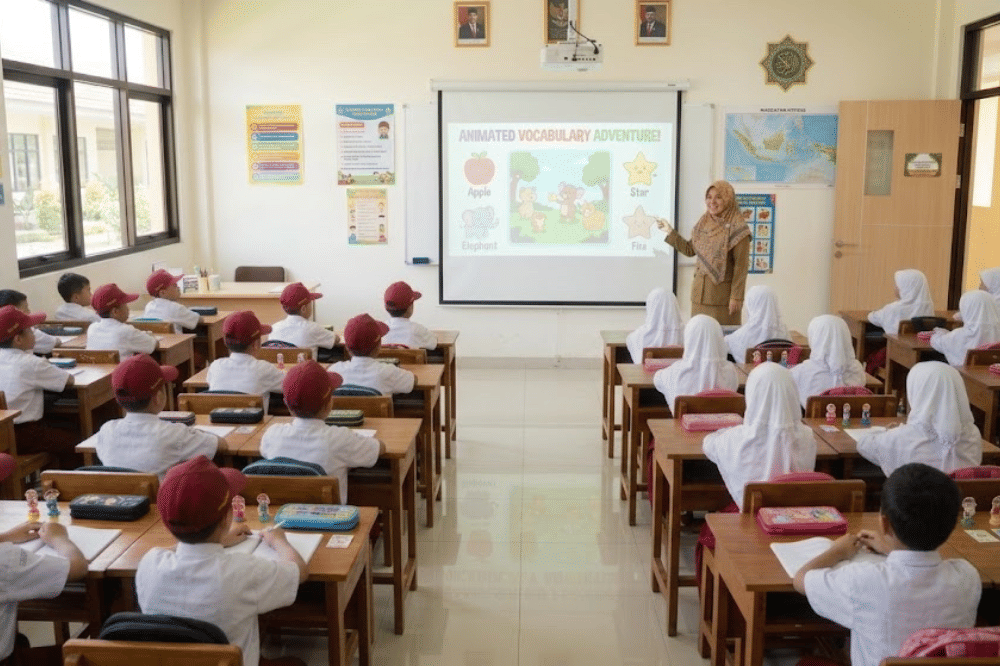 Guru menampilkan pembelajaran lewat video di kelas