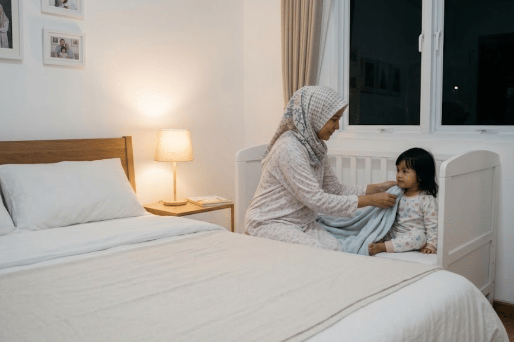 Anak balita ditenangi oleh mamanya sebelum tidur