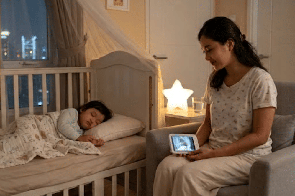 Anak balita tidur dan ditemani mamanya