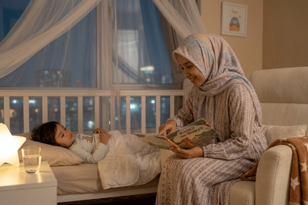 Anak balita dibacakan buku sebelum tidur malam hari