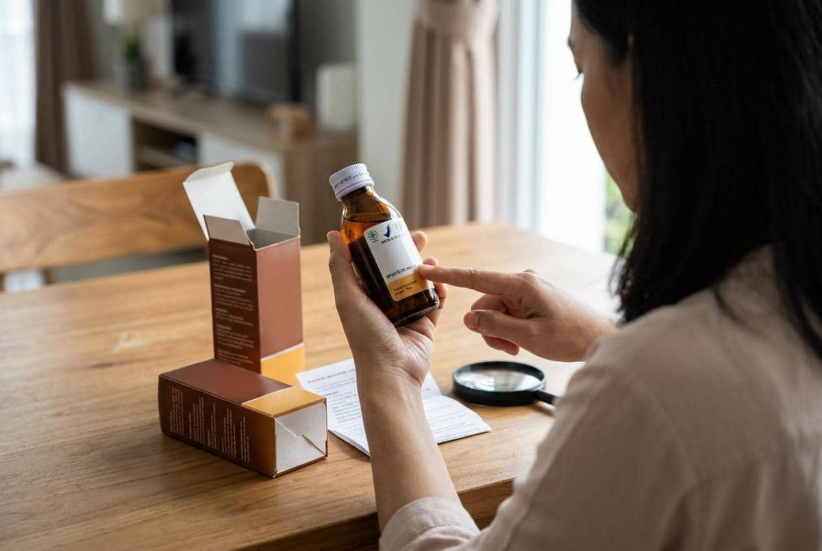 Mama memeriksa kemasan wadah obat