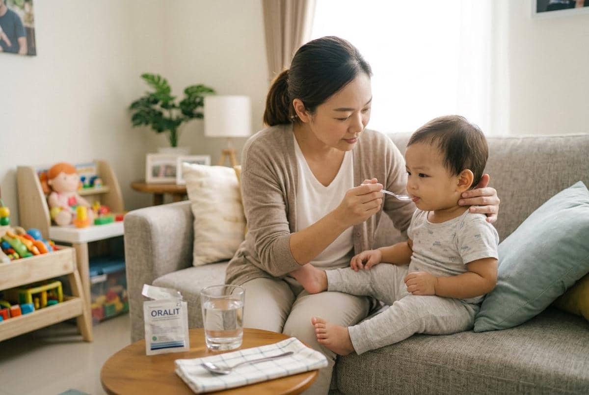 Pemberian oralit oleh Mama pada anak yang sedang diare