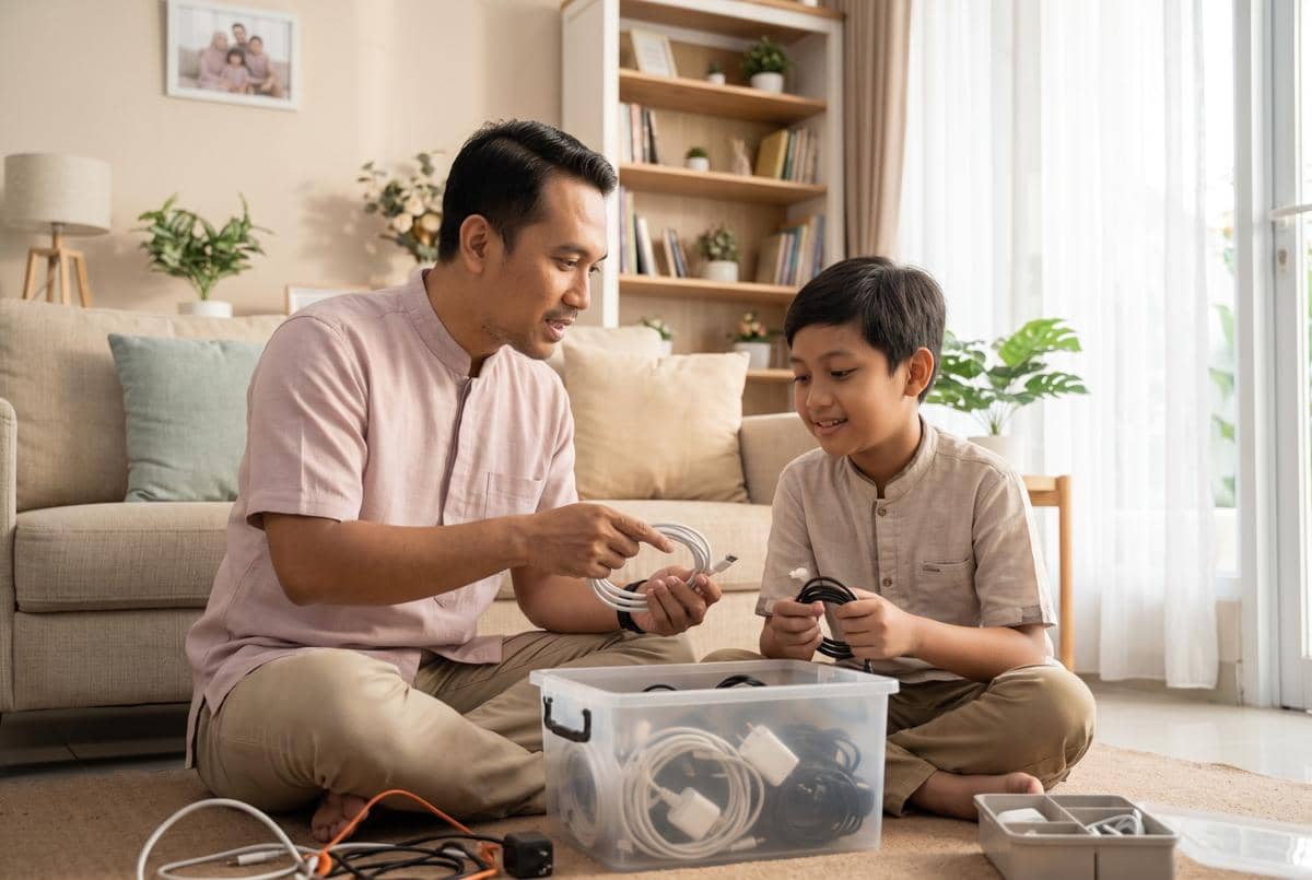 Papa mengajarkan anak laki-laki teknik menggulung kabel 