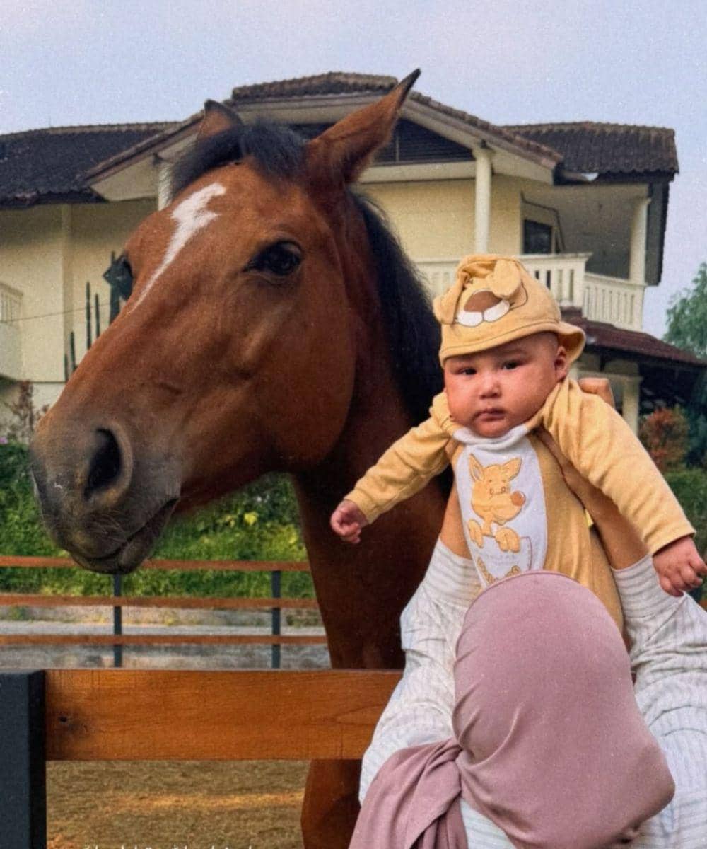 Zaskia memperkenalkan Baby Urwah kepada kuda kesayangannya