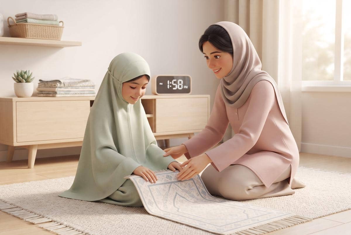 Mama membantu anak perempuan melipat sajadah