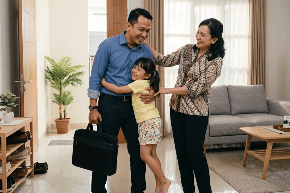 Papa yang pulang kerja disambut oleh anak dan istrinya