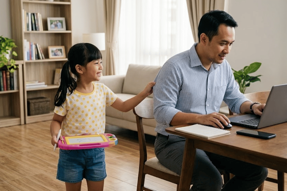 Anak yang ingin bermain saat papanya kerja