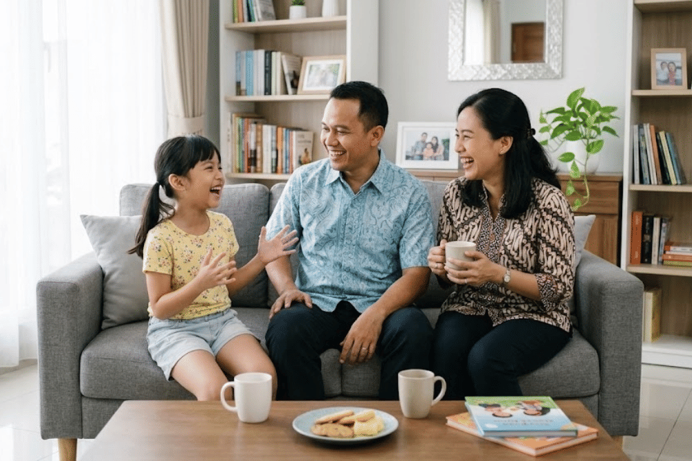 Anak yang sedang mengobrol dengan kedua orangtuanya