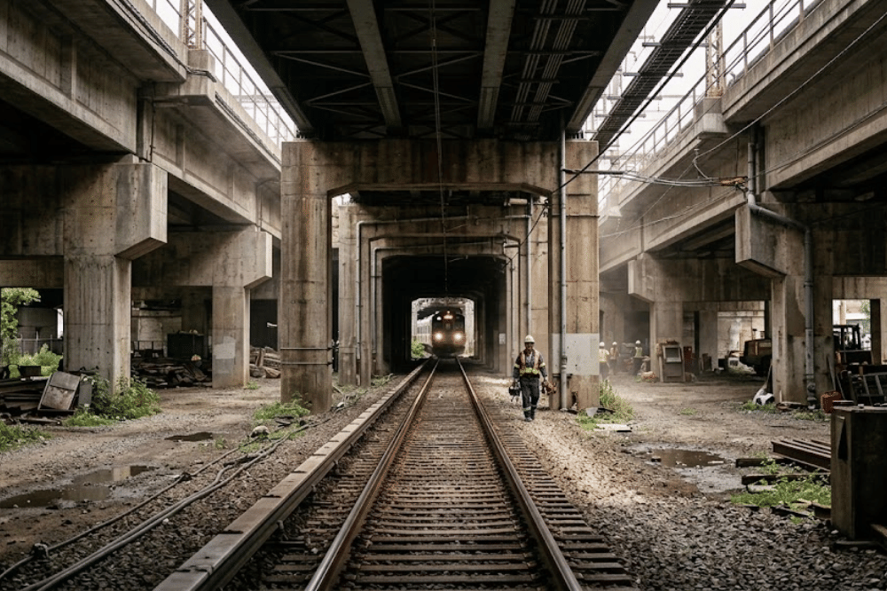 Rel kereta di kolong jembatan