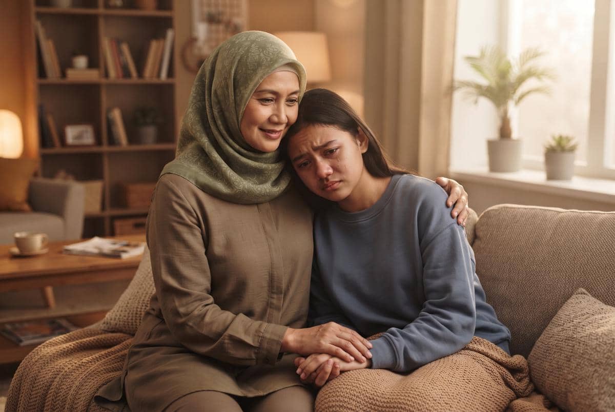 Mama langsung memeluk anak remaja perempuan yang sedih