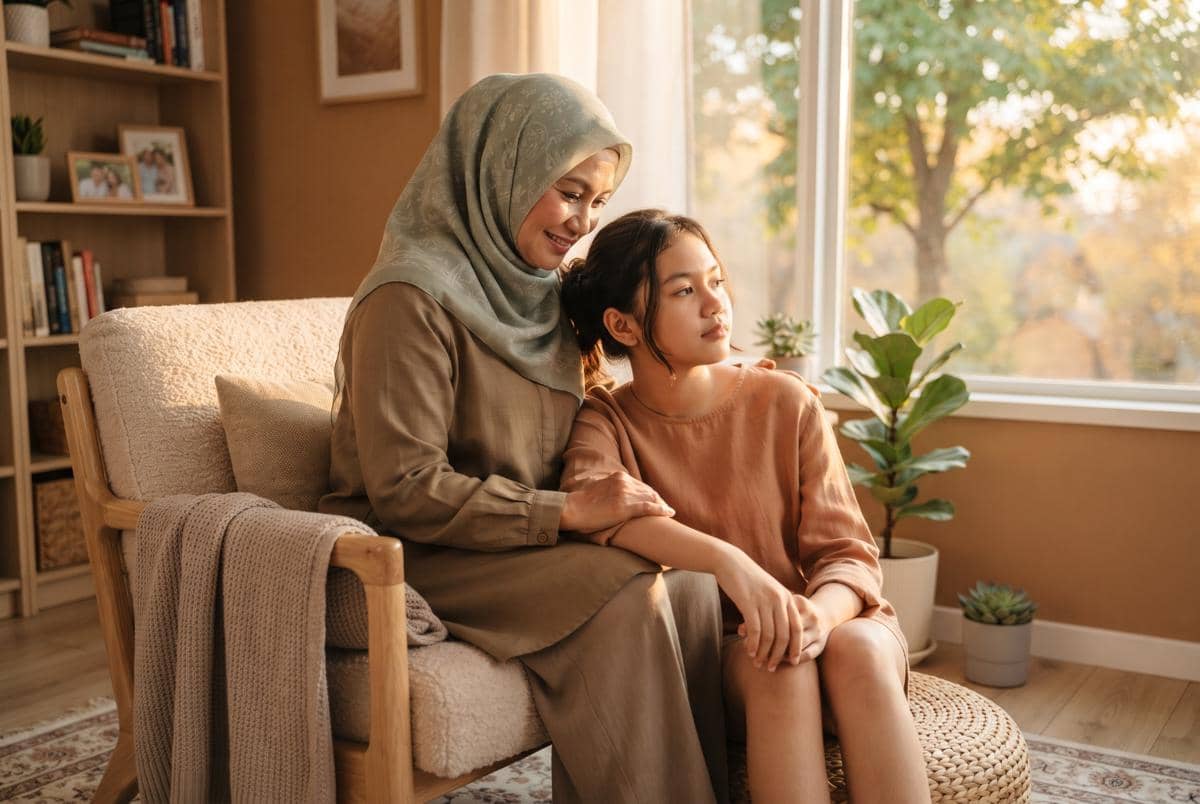 Mama memerhatikan anak perempuan yang duduk terlamun