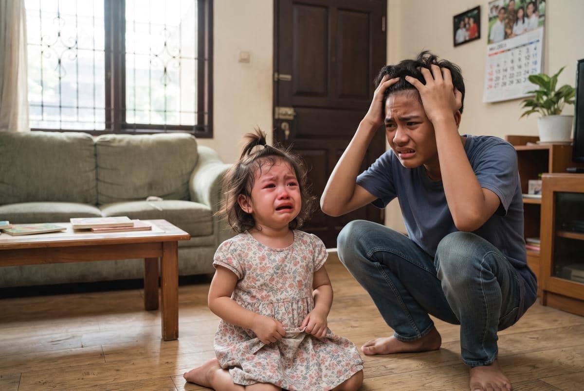 Anak remaja laki-laki panik ketika anak balita perempuan menangis